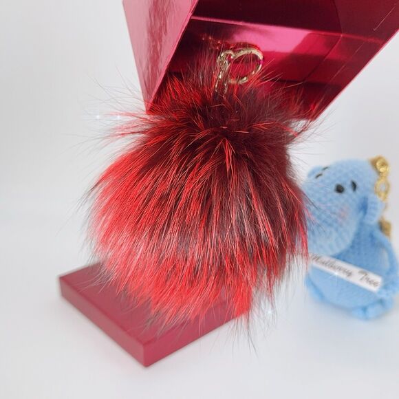 Michael Kors Large Fox Fur Pom Poms In Cherry Red Gold Hardware Keychain Box - Picture 5 of 8